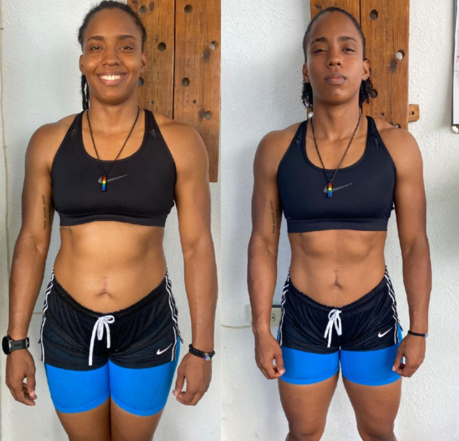 two progress photos paired with a Fighter member's eight-week account