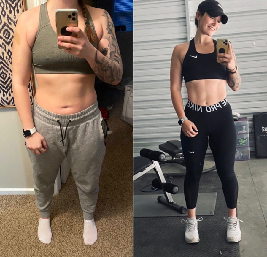 two progress photos shared with the week-five Fighter testimonial