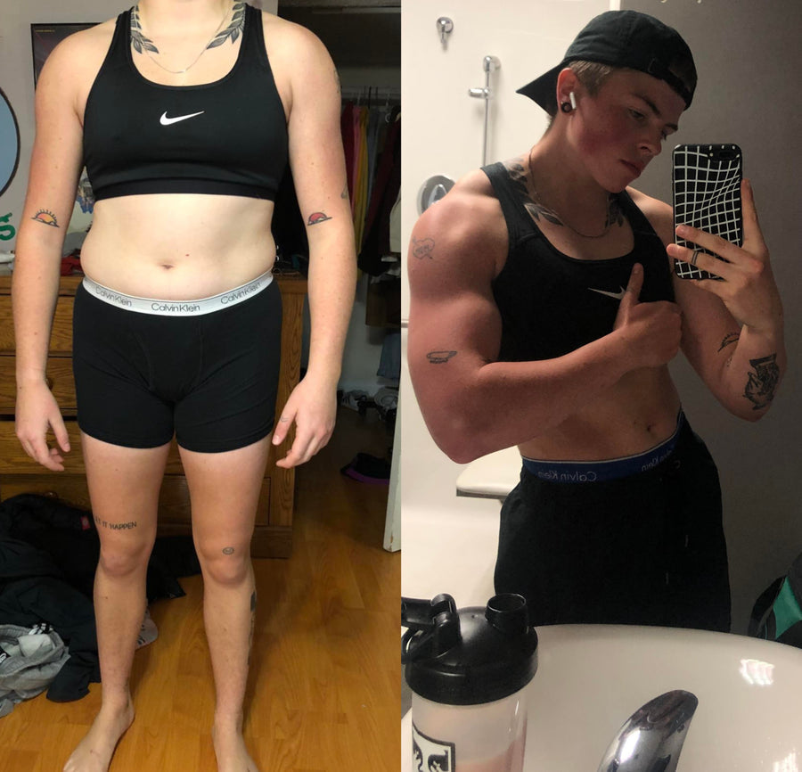 two progress photos paired with a competitive powerlifter's testimonial