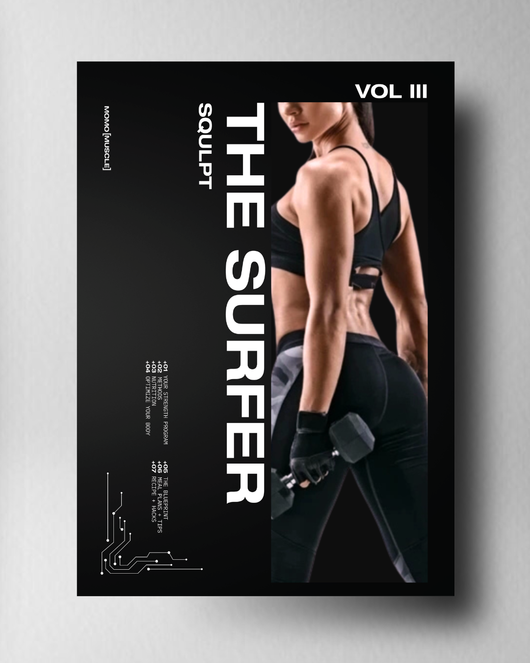 Poster titled 'The Surfer' by SOULPT with a person in athletic wear on a gray background