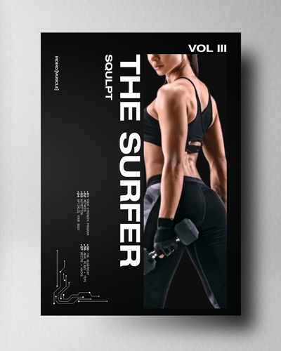 Poster titled 'The Surfer' by SOULPT with a person in athletic wear on a gray background