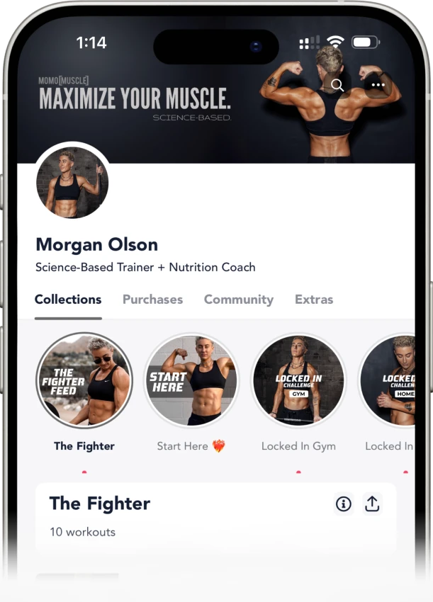 the momo app home, with the fighter feed and training programs